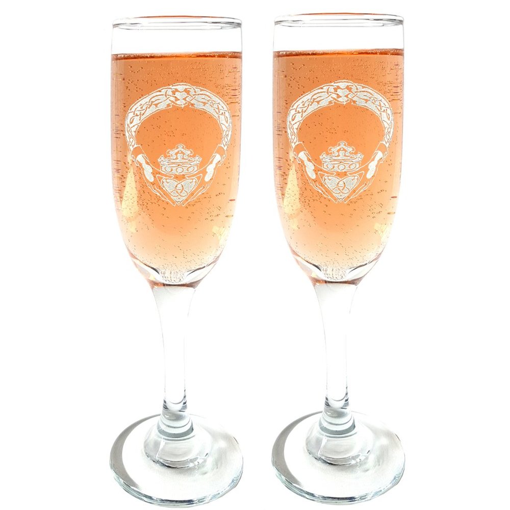 Irish Claddagh Champagne Flute Set of 2, Engraved